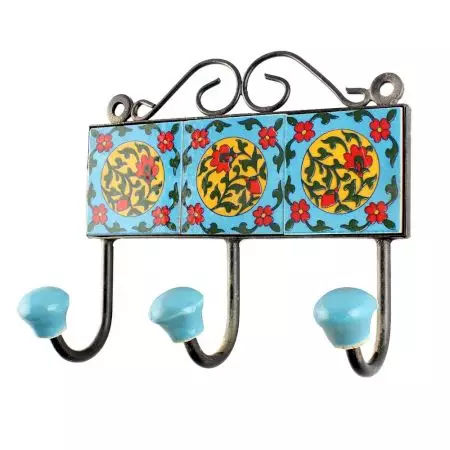 Turquoise Red Flower Ceramic Tiles Hooks